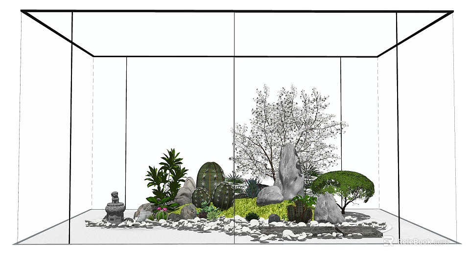 Tranquil Courtyard Garden With Rocks Plants Trees Grass Pebbles And Stone Lantern 3d model 