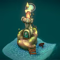 Cartoon Scene Featuring Rock Structure Lit Candle Magnifying Glass Small Buildings Wooden Boats On Water