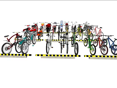 Colorful Motorcycles Parked In Parking Area With Yellow Black Striped Racks And Various Styles 3d model