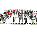 Colorful Motorcycles Parked In Parking Area With Yellow Black Striped Racks And Various Styles