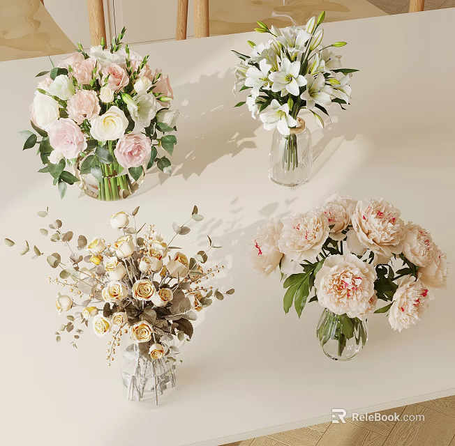 Elegant Flower Arrangements In Glass Vases With Pink Roses White Lilies And Peonies 3d model 