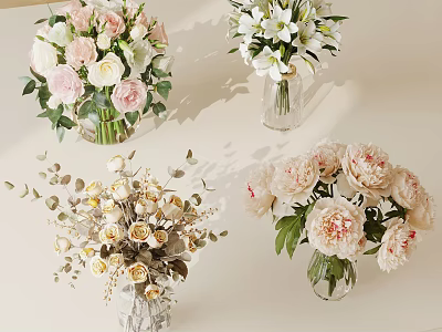 Elegant Flower Arrangements In Glass Vases With Pink Roses White Lilies And Peonies 3d model