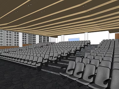 Spacious Tiered Conference Room With Rows Of Gray Seats And Large Windows 3d model