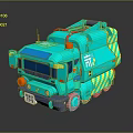 Turquoise Cartoon Garbage Truck With Yellow Stripes Red Wheels And Cute Design