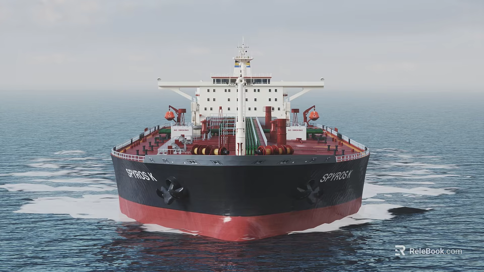 Large Cargo Ship Navigating On Open Sea With Red And Black Hull 3d model 
