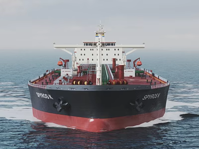 Large Cargo Ship Navigating On Open Sea With Red And Black Hull 3d model