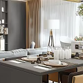 Modern Living and Dining Room Interior Design With Sofa Coffee Table Pendant Lights And Plants