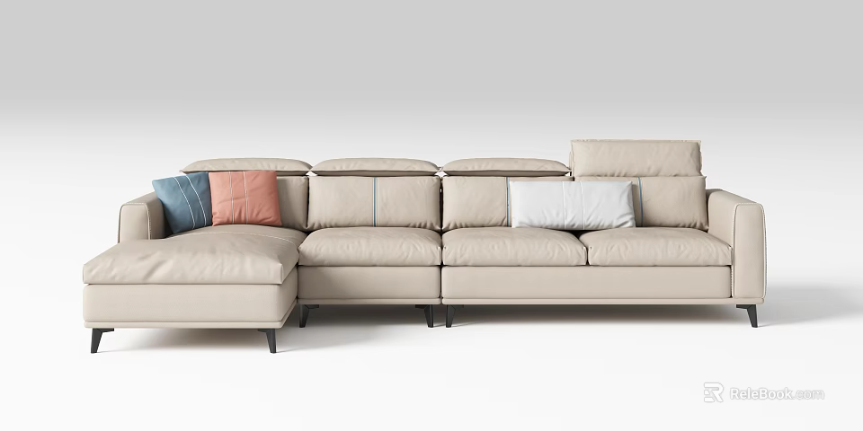 Modern Beige Sectional Sofa With Blue Pink White Throw Pillows And Comfortable Design 3d model