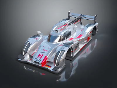 Sleek Silver Audi Race Car With Red Accents Rear Wing And Aerodynamic Design 3d model