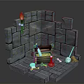Stone Wall And Floor Corner Scene Featuring Treasure Chest Torch Broom Bones And Blue Bottle