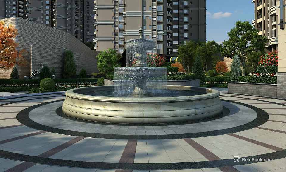 Garden Landscape Design Featuring Central Circular Fountain Surrounded By Green Plants Trees And Flowers 3d model 