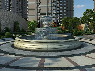 Garden Landscape Design Featuring Central Circular Fountain Surrounded By Green Plants Trees And Flowers 3d model