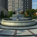 Garden Landscape Design Featuring Central Circular Fountain Surrounded By Green Plants Trees And Flowers