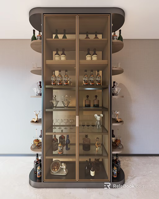 Modern Wine Cabinet With Glass Door Shelves Holding Wine Bottles Glasses And Decorations 3d model 