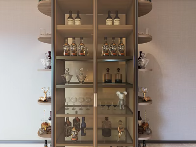 Modern Wine Cabinet With Glass Door Shelves Holding Wine Bottles Glasses And Decorations 3d model