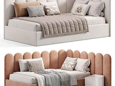 Modern Kids Bed with Stylish Headboard Soft Pillows and Cozy Blanket in Neutral Tones 3d model