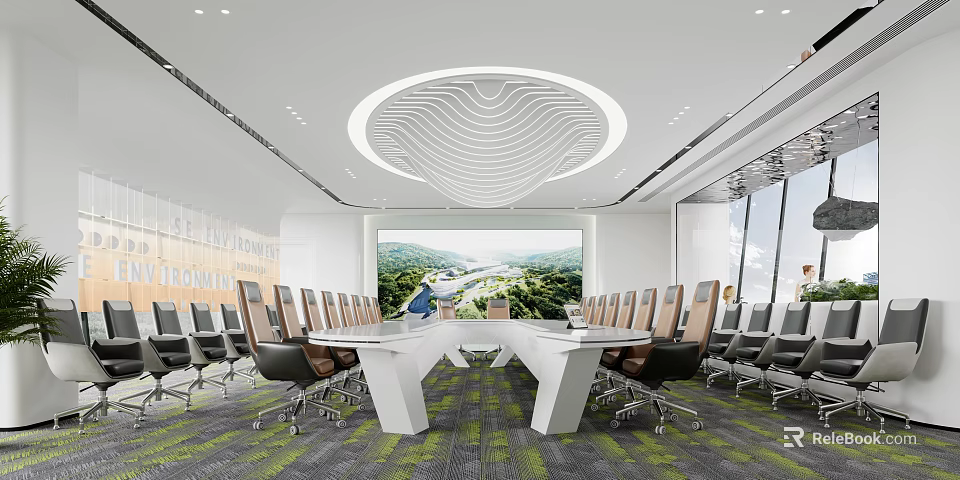 Modern Conference Room With Spacious Meeting Table Modern Chairs Scenic Screen And Circular Wavy Ceiling 3d model 