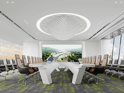 Modern Conference Room With Spacious Meeting Table Modern Chairs Scenic Screen And Circular Wavy Ceiling 3d model