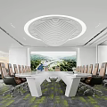 Modern Conference Room With Spacious Meeting Table Modern Chairs Scenic Screen And Circular Wavy Ceiling