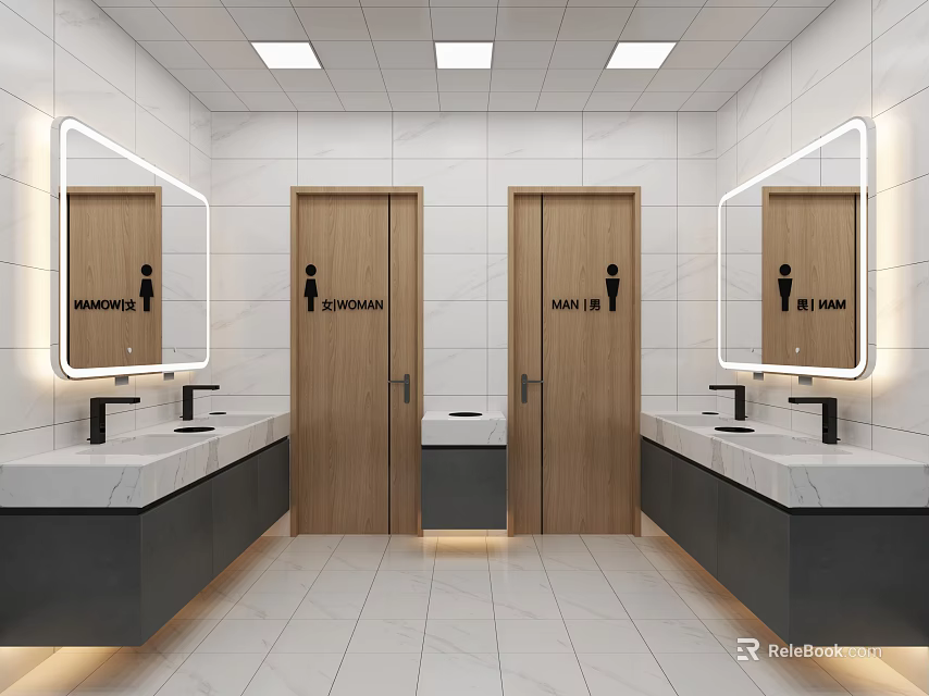 Public Restroom Interior Design With Backlit Mirrors Marble Sinks Wooden Doors And Tiled Walls 3d model 