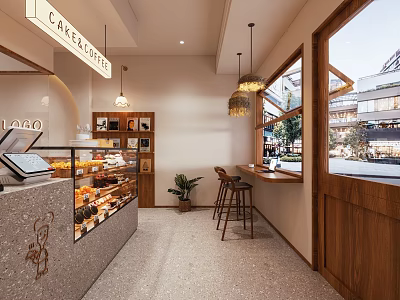Cozy Modern Cafe With Cake Coffee Sign Bakery Display Counter Bar Stools And Natural Light 3d model