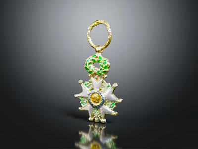 Elegant Golden Clothing Accessory Featuring Green Leaves Star Shaped Design And Central Gemstone 3d model