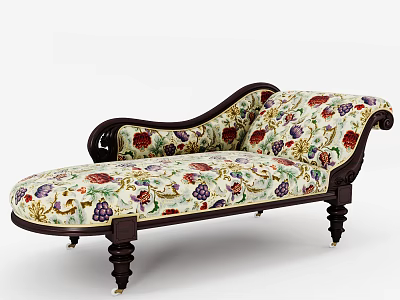 Elegant Chaise Lounge With Floral Fruit Pattern And Dark Wood Frame 3d model