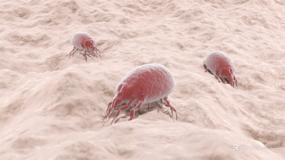 Detailed Microscopic View Of Red Mites Crawling On Skin Surface 3d model 