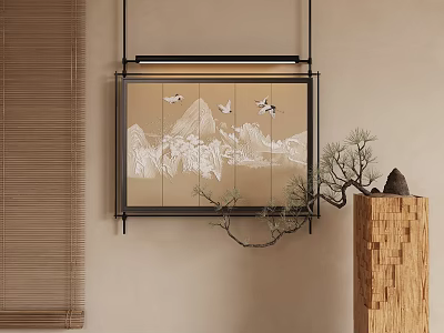 Abstract Painting With Black Frame White Ink Landscape Birds And Wooden Pine Decor 3d model