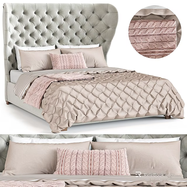 Double Bed With Tufted Headboard Diamond Pattern Quilt And Pink Beige Pillows 3d model 