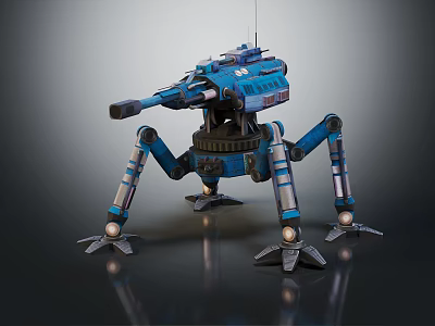 Blue Mechanical Robot Character With Four Legs And Cannon Structure 3d model