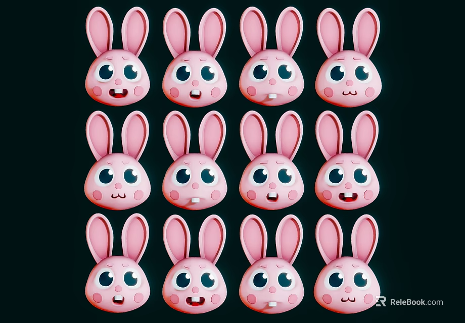 Cute Pink Rabbit Dolls With Various Smiling Faces On Dark Background 3d model 