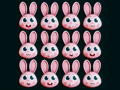 Cute Pink Rabbit Dolls With Various Smiling Faces On Dark Background 3d model