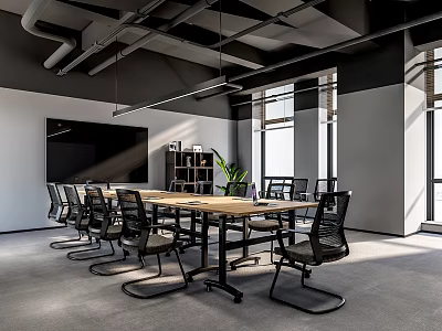 Modern Conference Room Interior With Long Table Black Chairs Large Screen And Windows 3d model