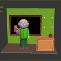 Man Standing in Green Background With Blackboard Red Purple Book Orange Desk and Red Apple