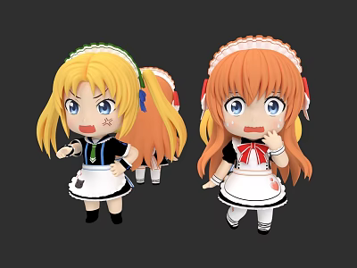 Cute Anime Dolls in Maid Outfits with Blonde and Orange Hair Different Expressions and Poses 3d model