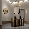 Modern Public Restroom Interior With Gold Washbasins Round Mirrors And Decorative Lighting