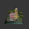 Vibrant Cartoon Scene of Small Island with Colorful Buildings Bell Tower Trees and Boat