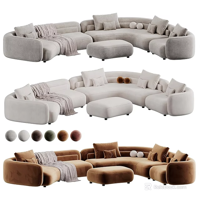 Comfortable Sectional Sofa With Decorative Pillows Cozy Throw Blanket And Matching Ottoman In Neutral Tones 3d model 