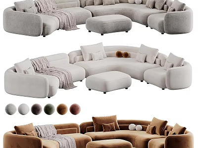 Comfortable Sectional Sofa With Decorative Pillows Cozy Throw Blanket And Matching Ottoman In Neutral Tones 3d model