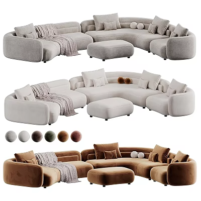 Comfortable Sectional Sofa With Decorative Pillows Cozy Throw Blanket And Matching Ottoman In Neutral Tones 3d model