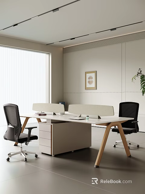 Contemporary Office Desk Setup with Black Chairs Documents Water Glass White Walls and Green Plant 3d model 