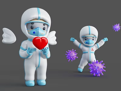 Cartoon Protective Suit Characters with Angel Wings Holding Red Heart and Chasing Purple Viruses 3d model