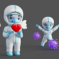Cartoon Protective Suit Characters with Angel Wings Holding Red Heart and Chasing Purple Viruses