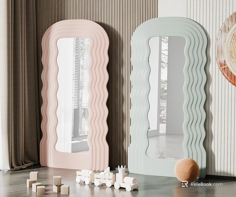 Pink And Light Green Wavy Mirrors In Modern Interior Decor Setup 3d model