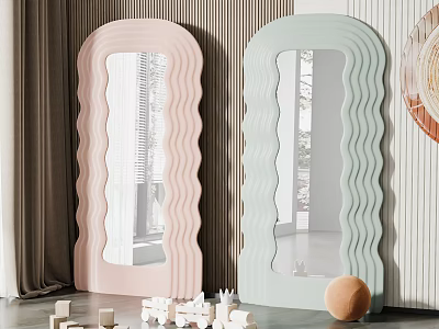 Pink And Light Green Wavy Mirrors In Modern Interior Decor Setup 3d model