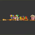 Assorted Colorful Snacks And Foods With Pizzas Popcorn Candies And Drinks