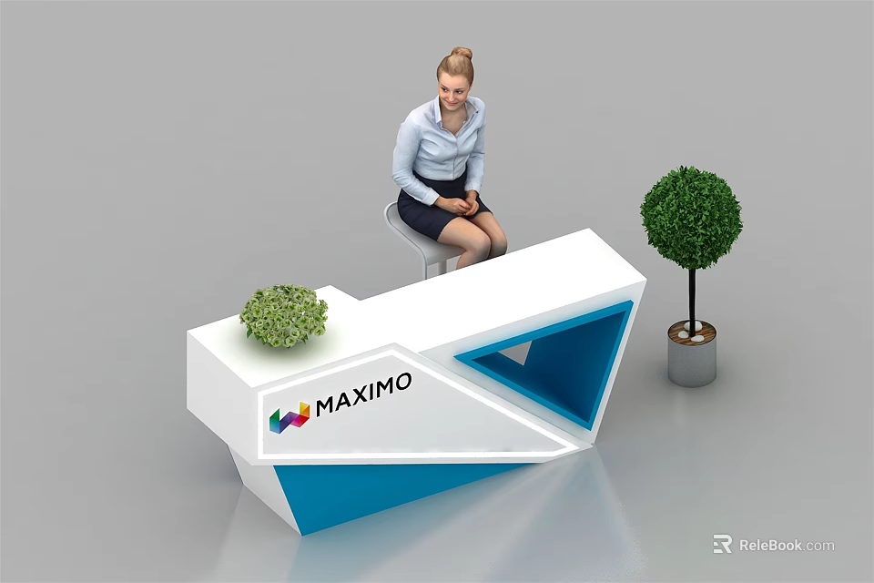 Modern White Blue Geometric Reception Desk With MAXIMO Logo Green Plants And Woman Sitting 3d model 