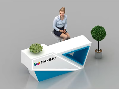 Modern White Blue Geometric Reception Desk With MAXIMO Logo Green Plants And Woman Sitting 3d model