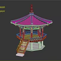 Traditional Oriental Pavilion With Multi tiered Roof Red Pillars Green Ornaments Wooden Stairs And Railings